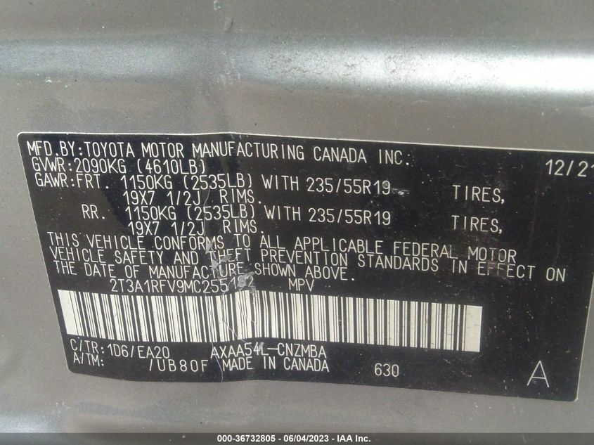 2021 TOYOTA RAV4 XLE PREMIUM - 2T3A1RFV9MC255192