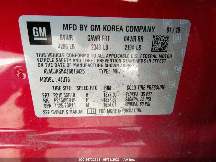 VIN KL4CJASBXJB618425 2018 BUICK ENCORE PREFERRED