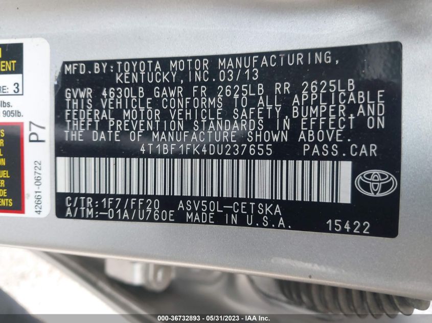 2013 TOYOTA CAMRY L/LE/SE/XLE - 4T1BF1FK4DU237655