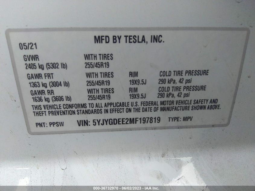 2021 TESLA MODEL Y LONG RANGE - 5YJYGDEE2MF197819