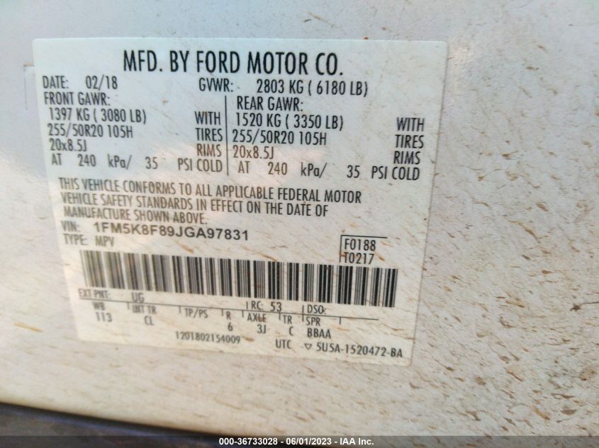 2018 FORD EXPLORER LIMITED - 1FM5K8F89JGA97831