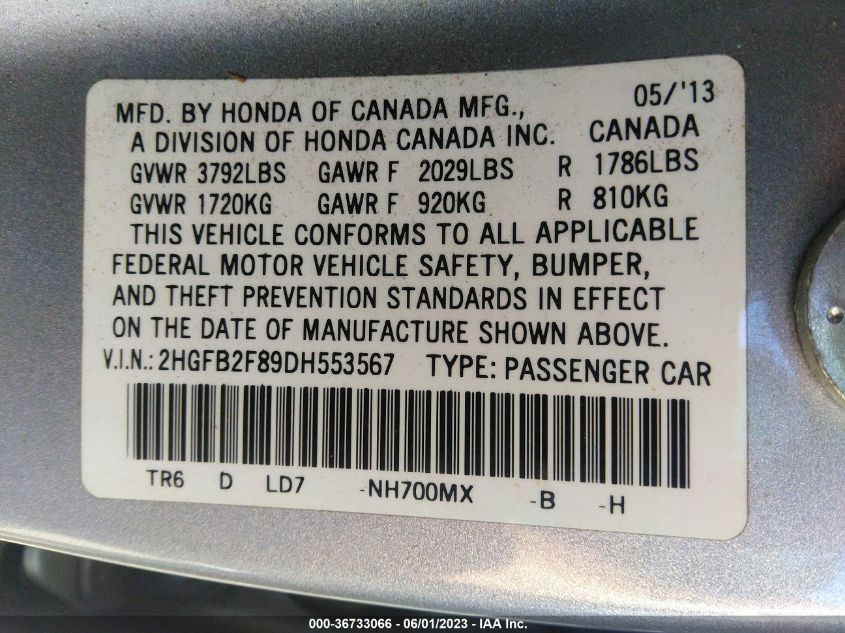2013 HONDA CIVIC SDN EX - 2HGFB2F89DH553567