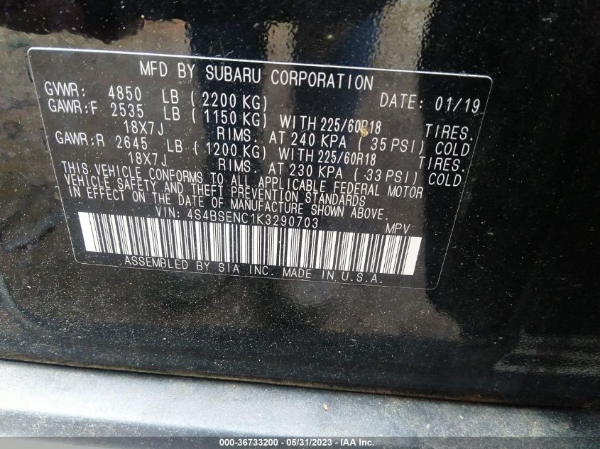 2019 SUBARU OUTBACK LIMITED - 4S4BSENC1K3290703