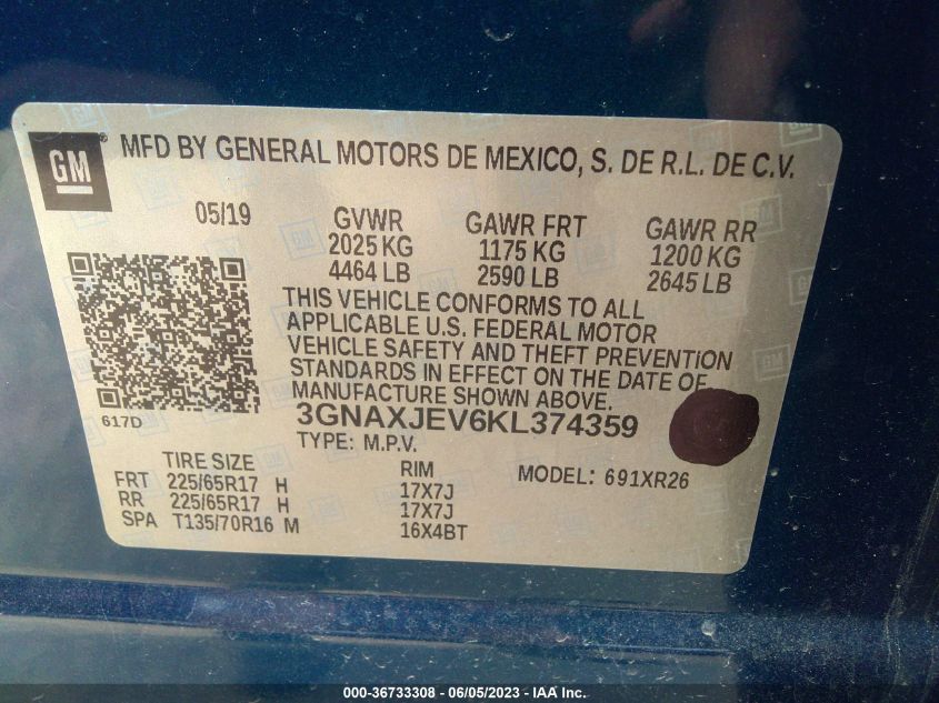 2019 CHEVROLET EQUINOX LT - 3GNAXJEV6KL374359