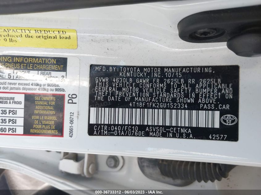 2016 TOYOTA CAMRY XLE/SE/LE/XSE - 4T1BF1FK2GU152334