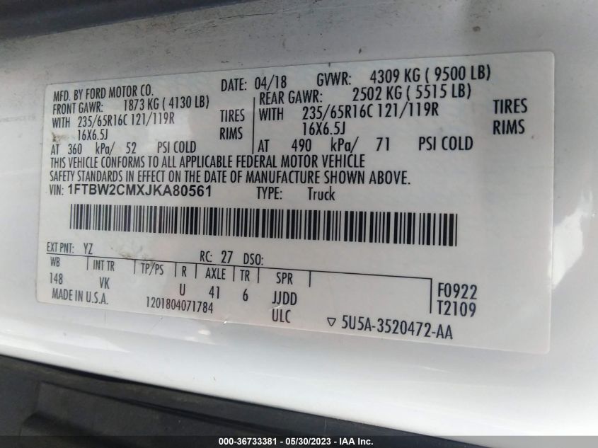 2018 FORD TRANSIT VAN - 1FTBW2CMXJKA80561