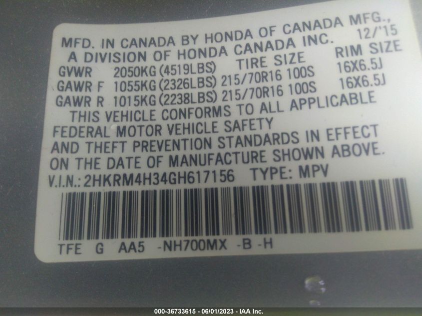 2016 HONDA CR-V LX - 2HKRM4H34GH617156