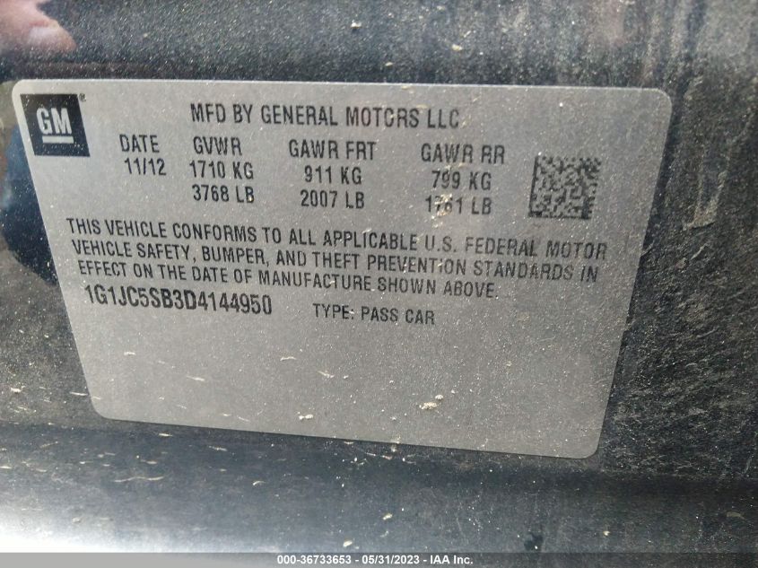 2013 CHEVROLET SONIC LT - 1G1JC5SB3D4144950