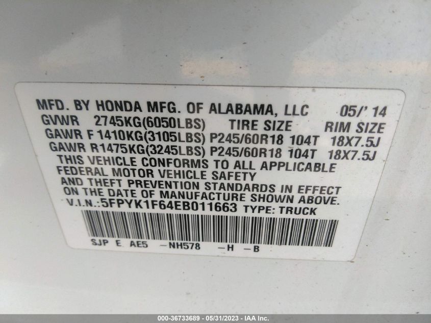 2014 HONDA RIDGELINE SE - 5FPYK1F64EB011663