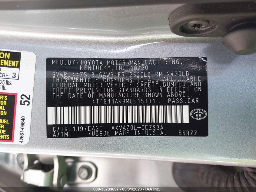 4T1G11AK8MU515131 Toyota Camry SE 9