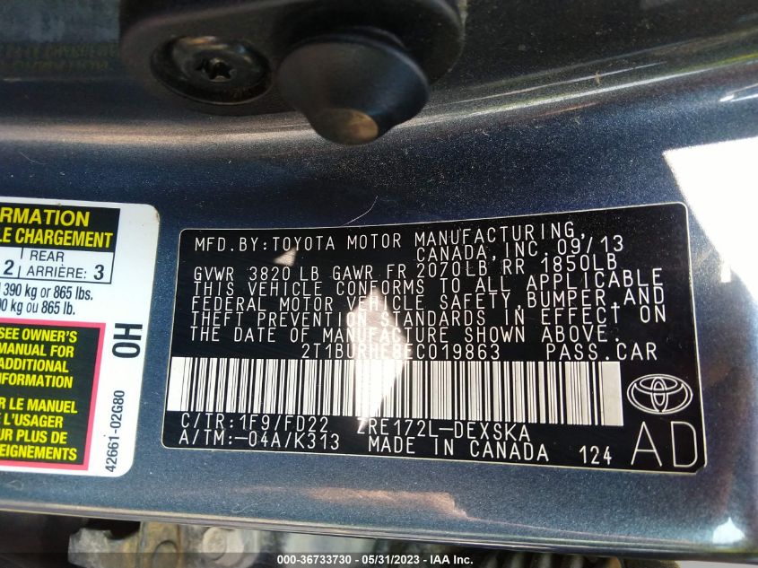 2014 TOYOTA COROLLA L/LE/S/S PLUS/LE PLUS - 2T1BURHE8EC019863