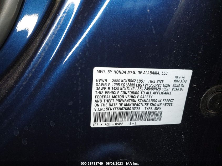 2019 HONDA PILOT TOURING 7-PASSENGER - 5FNYF6H67KB018366