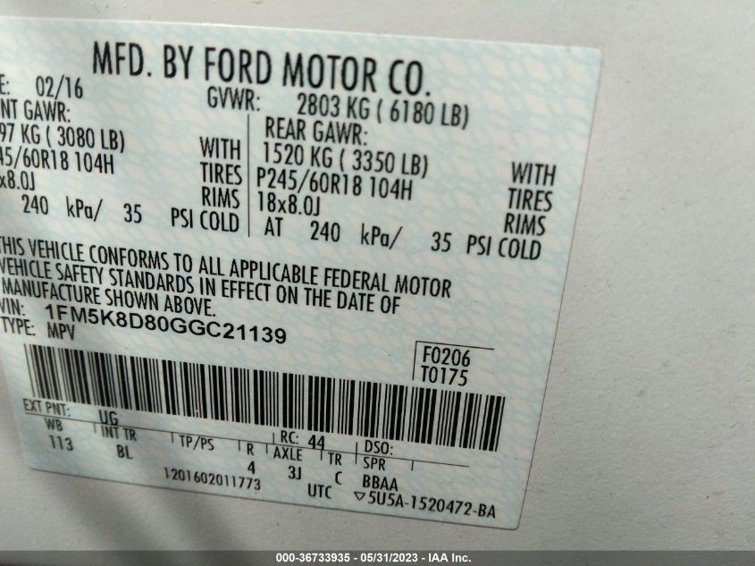 2016 FORD EXPLORER XLT - 1FM5K8D80GGC21139