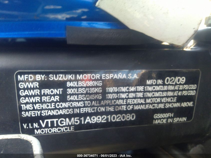 2009 SUZUKI GS500 - VTTGM51A992102080