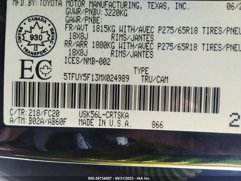 2021 TOYOTA TUNDRA 4WD SR/SR5/TRD PRO - 5TFUY5F13MX024989