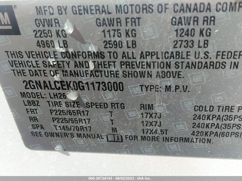 2016 CHEVROLET EQUINOX LT - 2GNALCEK0G1173000