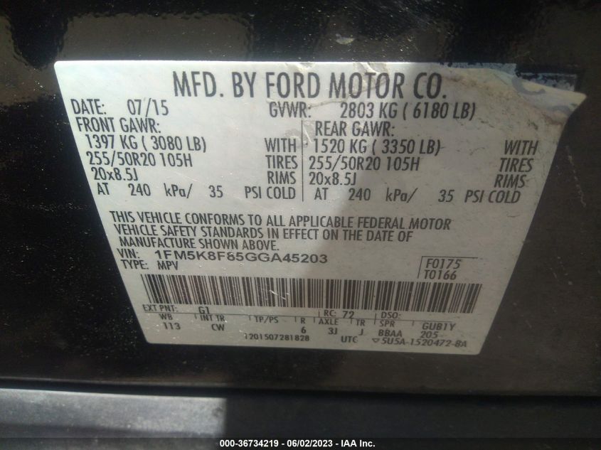 2016 FORD EXPLORER LIMITED - 1FM5K8F85GGA45203