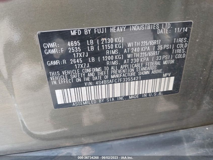 2015 SUBARU OUTBACK 2.5I PREMIUM - 4S4BSAFC7F3255421