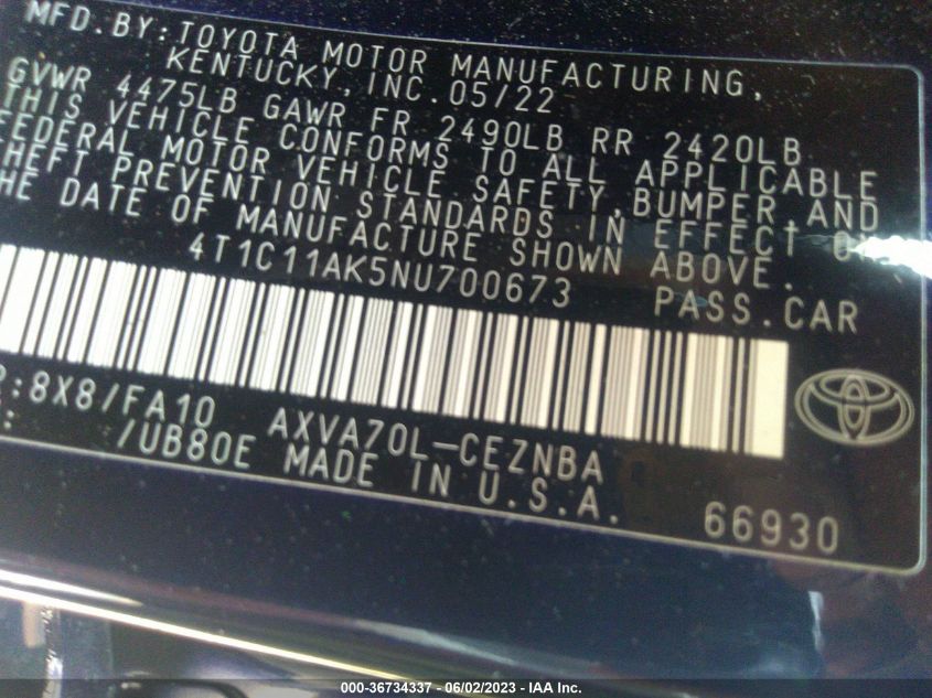 2022 TOYOTA CAMRY LE - 4T1C11AK5NU700673