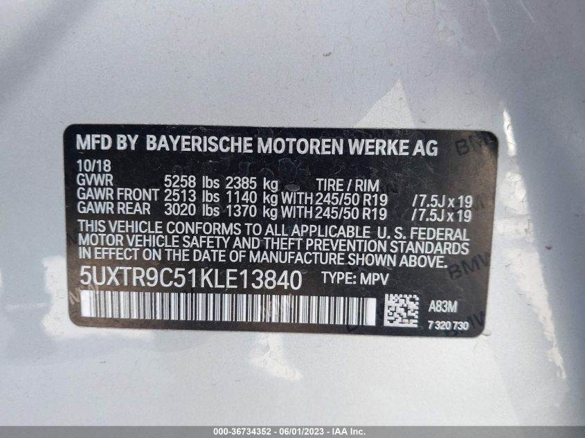 2019 BMW X3 XDRIVE30I - 5UXTR9C51KLE13840