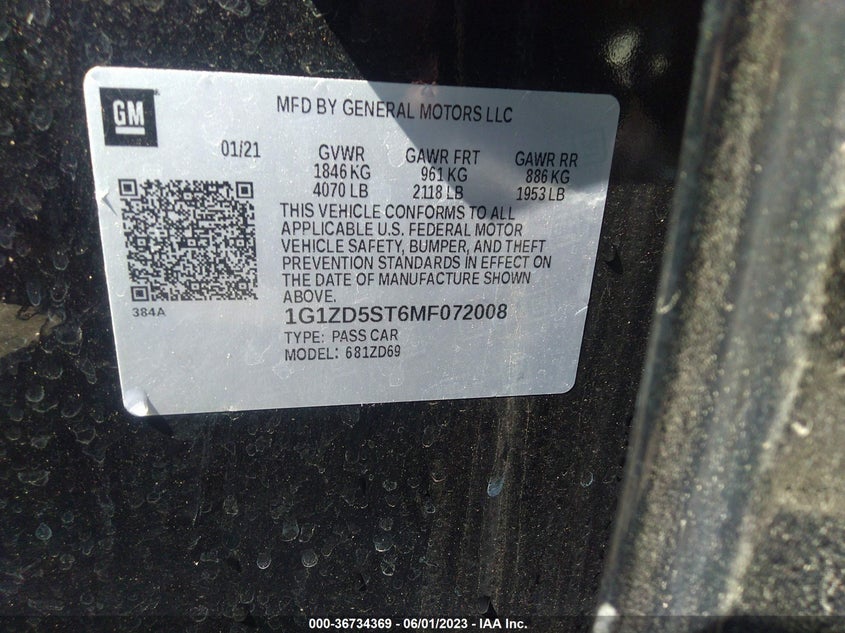 VIN 1G1ZD5ST6MF072008 2021 CHEVROLET MALIBU LT
