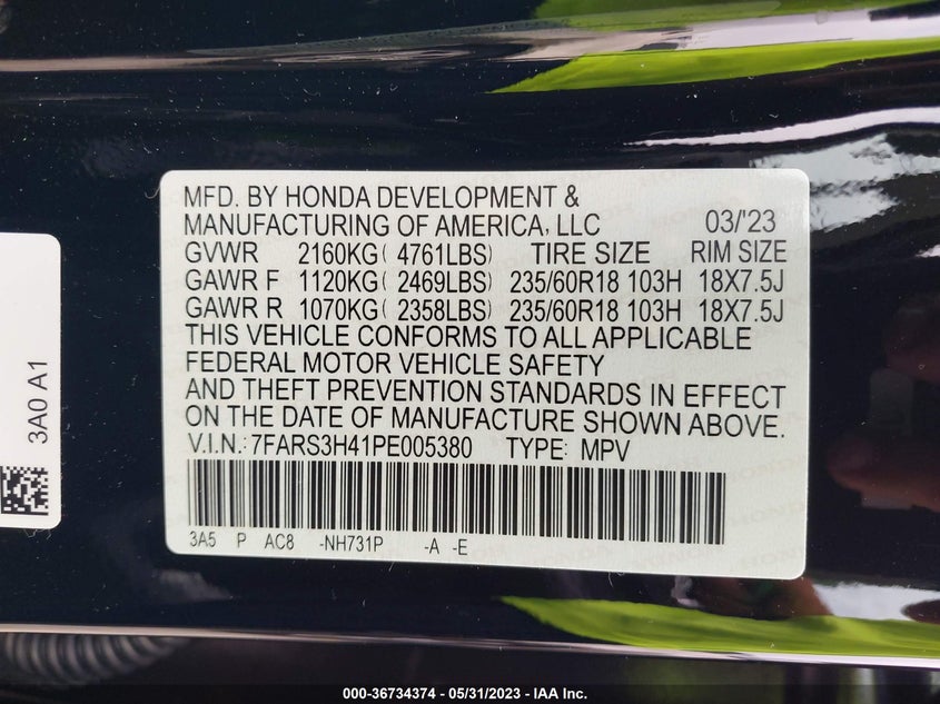 VIN 7FARS3H41PE005380 2023 HONDA CR-V EX
