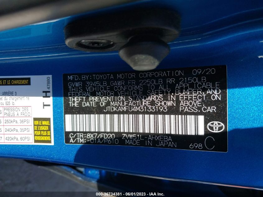 2021 TOYOTA PRIUS L - JTDKAMFU4M3133193