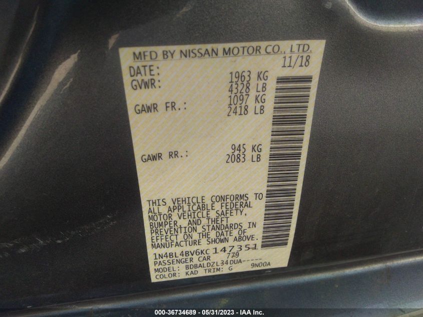 2019 NISSAN ALTIMA 2.5 S - 1N4BL4BV6KC147351