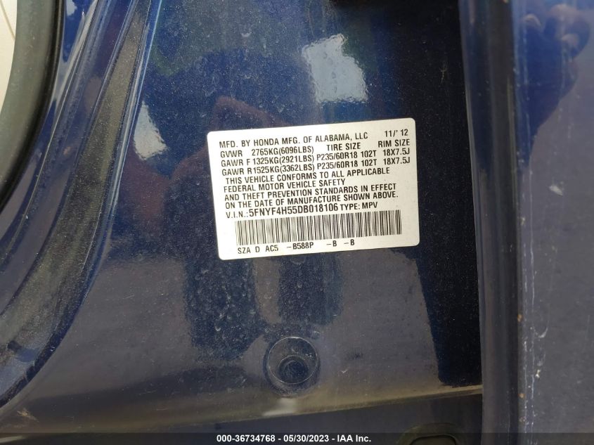 2013 HONDA PILOT EX-L - 5FNYF4H55DB018106