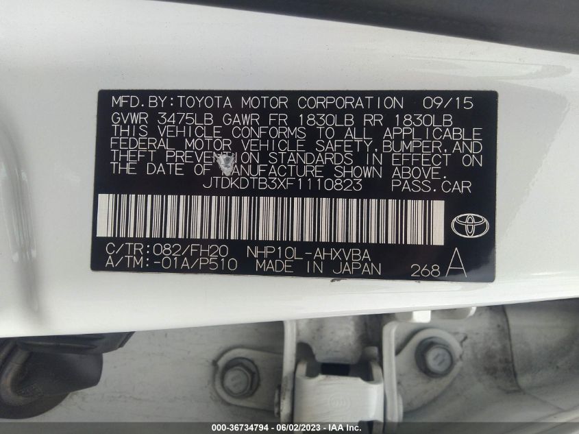 2015 TOYOTA PRIUS C ONE/TWO/THREE/FOUR - JTDKDTB3XF1110823