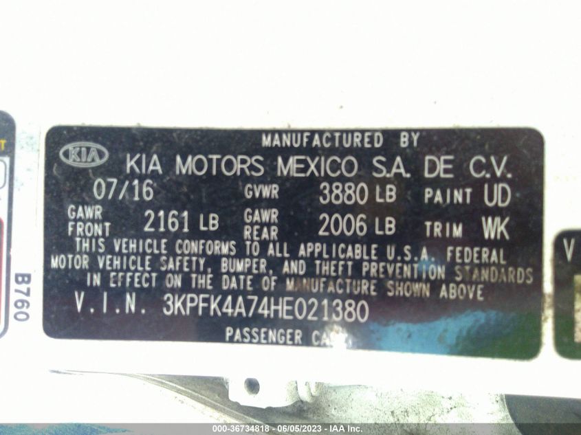 2017 KIA FORTE LX - 3KPFK4A74HE021380