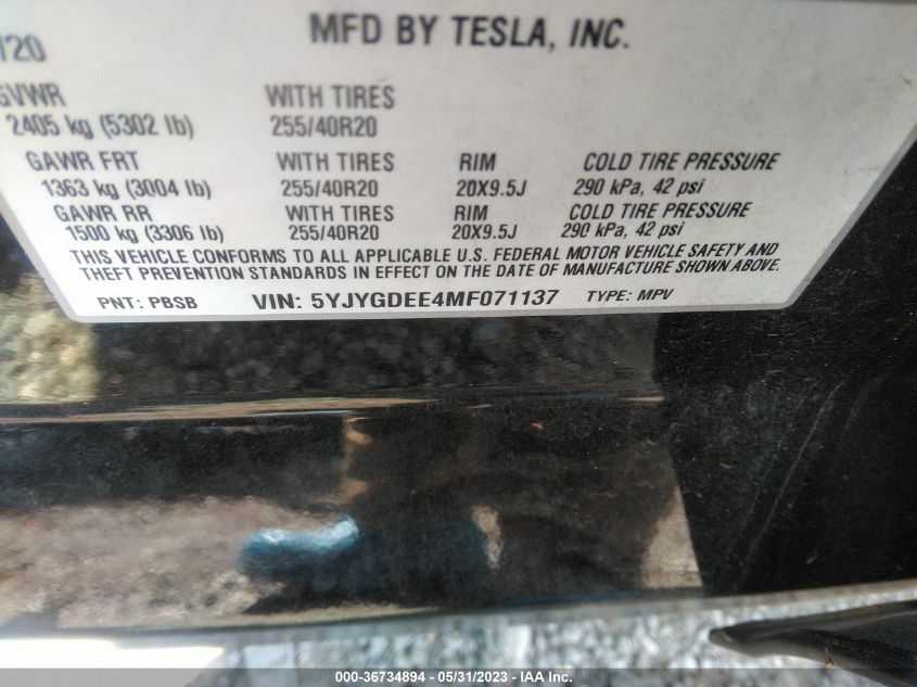 2021 TESLA MODEL Y LONG RANGE - 5YJYGDEE4MF071137