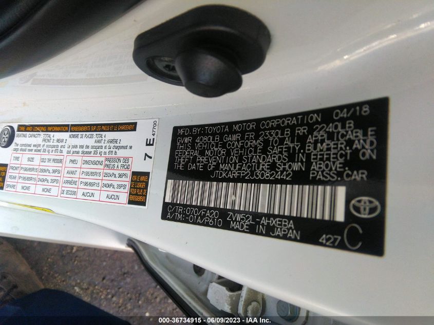 2018 TOYOTA PRIUS PRIME PLUS/PREMIUM/ADVANCED - JTDKARFP2J3082442