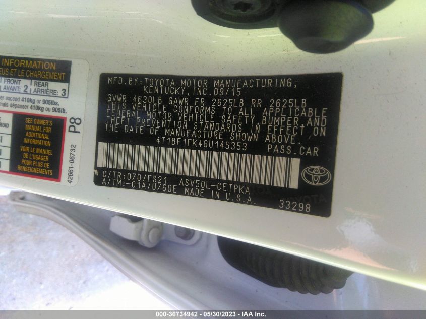 2016 TOYOTA CAMRY XLE/SE/LE/XSE - 4T1BF1FK4GU145353