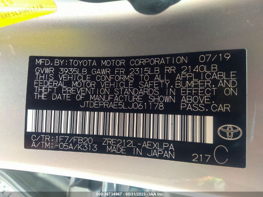 2020 TOYOTA COROLLA LE - JTDEPRAE5LJ061178