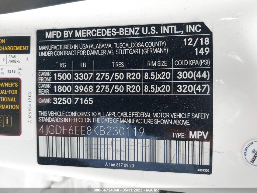 VIN 4JGDF6EE8KB230119 2019 MERCEDES-BENZ GLS GLS 450