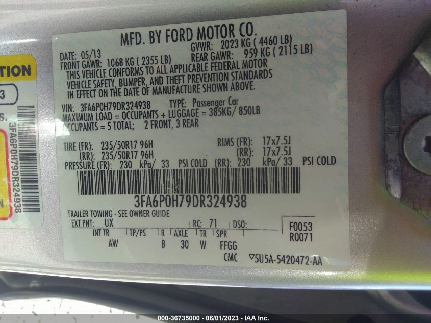 2013 FORD FUSION SE - 3FA6P0H79DR324938