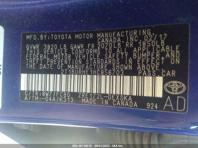 2017 TOYOTA COROLLA L/LE/XLE/SE - 2T1BURHE1HC856703