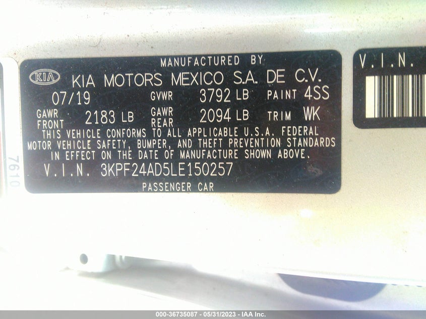 VIN 3KPF24AD5LE150257 2020 KIA FORTE LXS
