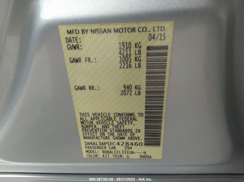 2015 NISSAN ALTIMA 2.5 SV - 1N4AL3AP5FC428460