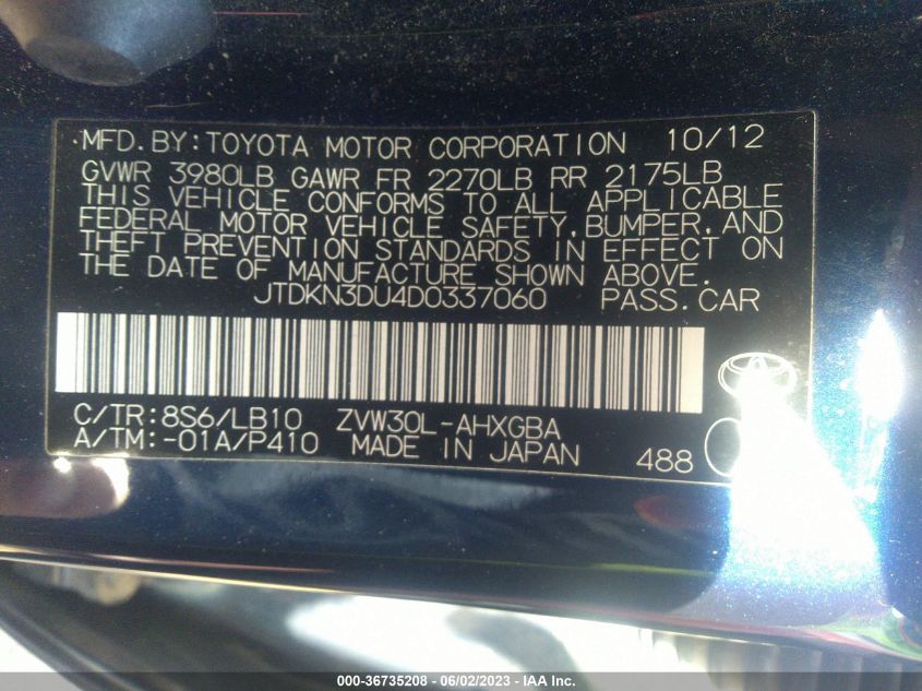 2013 TOYOTA PRIUS ONE/TWO/THREE/FOUR/FIVE - JTDKN3DU4D0337060
