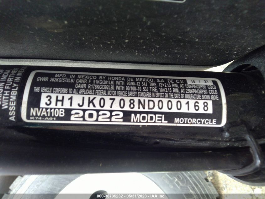 2022 HONDA NVA110 B - 3H1JK0708ND000168