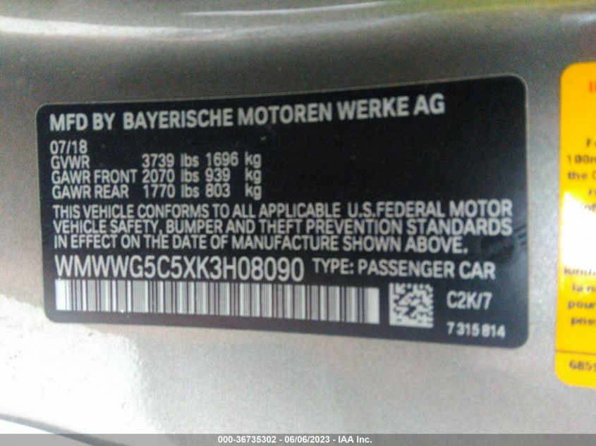 2019 MINI CONVERTIBLE COOPER WMWWG5C5XK3H08090
