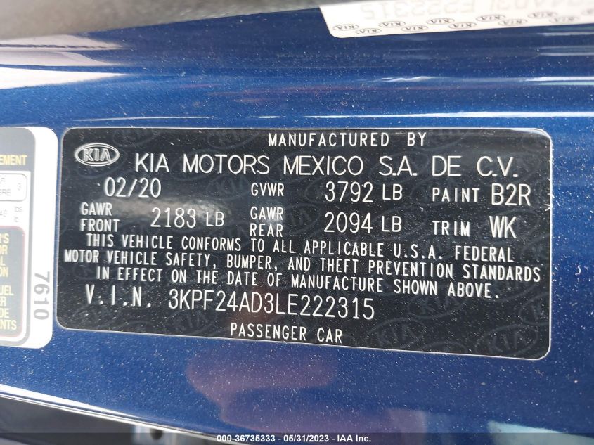 2020 KIA FORTE LXS - 3KPF24AD3LE222315