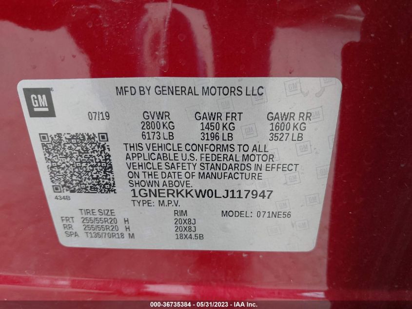 2020 CHEVROLET TRAVERSE PREMIER - 1GNERKKW0LJ117947