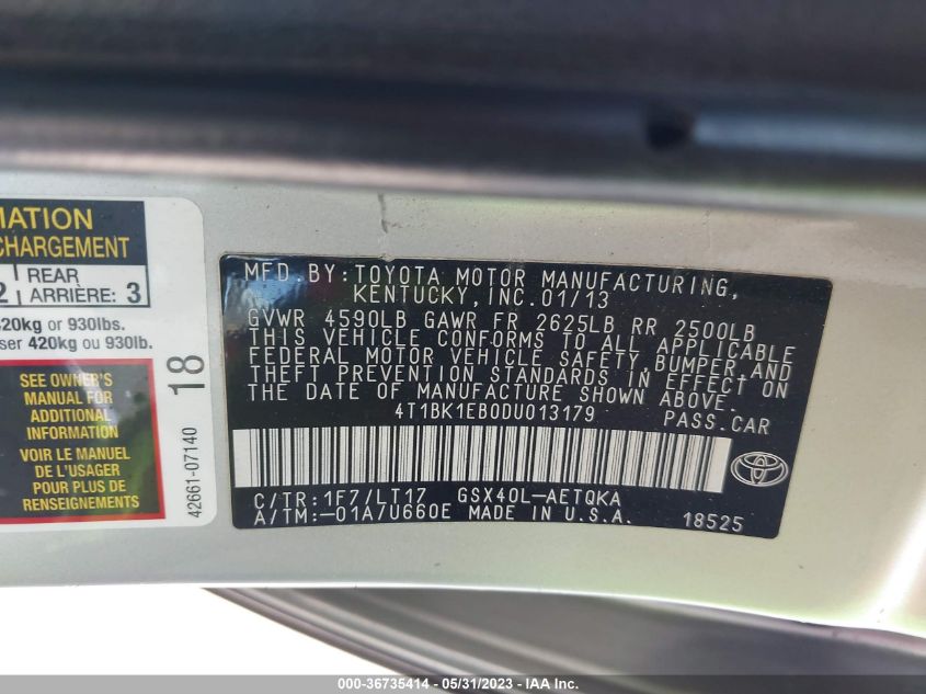 2013 TOYOTA AVALON XLE/LIMITED - 4T1BK1EB0DU013179