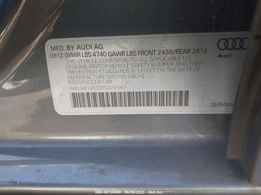 2013 AUDI A4 PREMIUM - WAUAFAFL0DN024587
