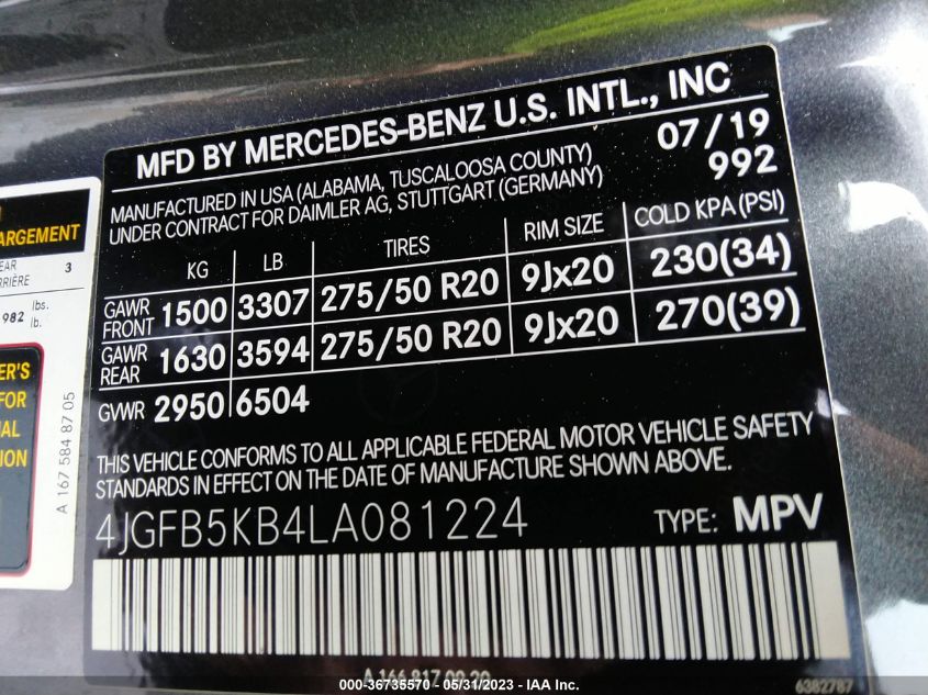 2020 MERCEDES-BENZ GLE GLE 450 - 4JGFB5KB4LA081224