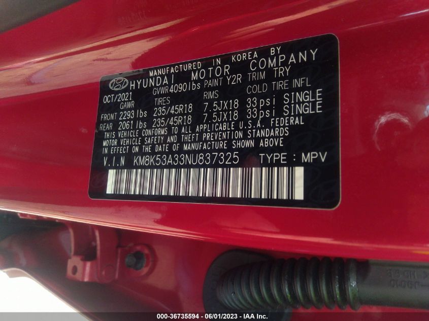 2022 HYUNDAI KONA LIMITED - KM8K53A33NU837325