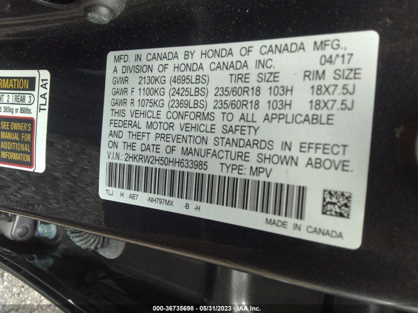 2017 HONDA CR-V EX - 2HKRW2H50HH633985